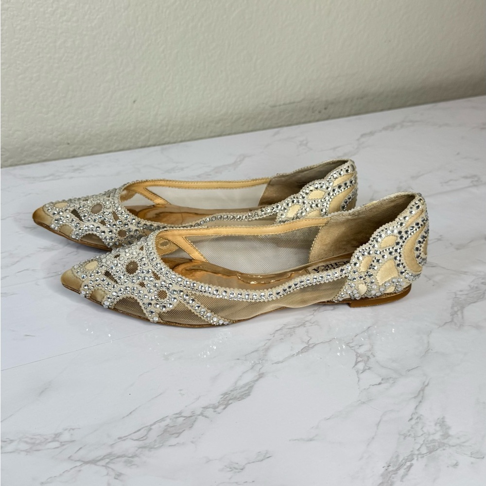 Badgley Mischka Beige Rhinestone‎ Pointed Toe Mesh Ballet Flats Size 6.5